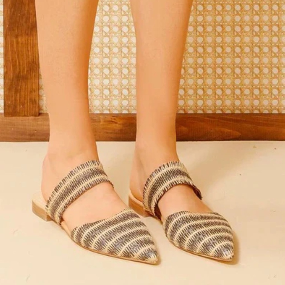 TUCKERNUCK SHOES Women Midnight Raffia Cara Mules Pointed Toe Striped Handmade